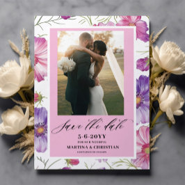 Modern Paarse Roze Bloesem Script Fotobruiloft Save The Date
