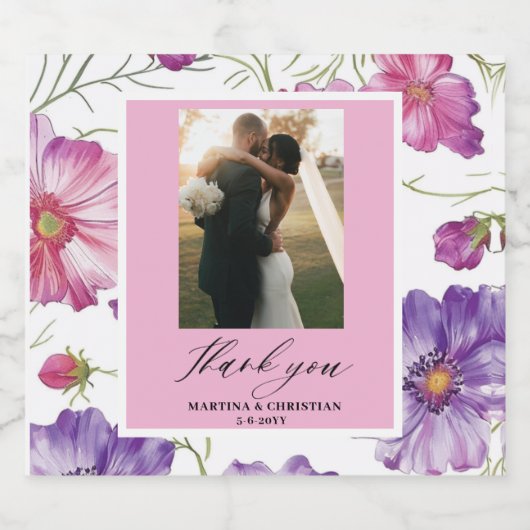 Modern Paarse Roze Bloesem Script Fotobruiloft Sparkling Wijnetiket (Enkel label)