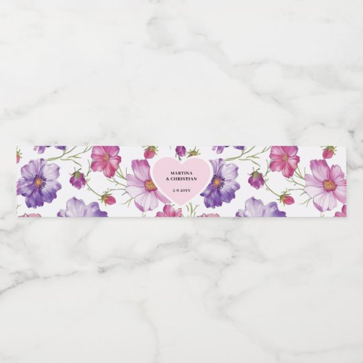 Modern Paarse Roze Bloesem Script Fotobruiloft Waterfles Etiket (Enkel label)