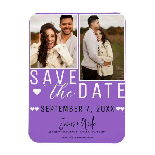 Modern Paarse Save the Date 2 Foto Bruiloft Magneet (Verticaal)