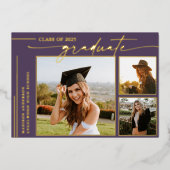 Modern Paarse Script Afstuderen Foto Afstuderen Folie Uitnodiging (Voorkant)