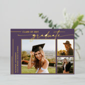 Modern Paarse Script Afstuderen Foto Afstuderen Folie Uitnodiging (Staand Voorkant)