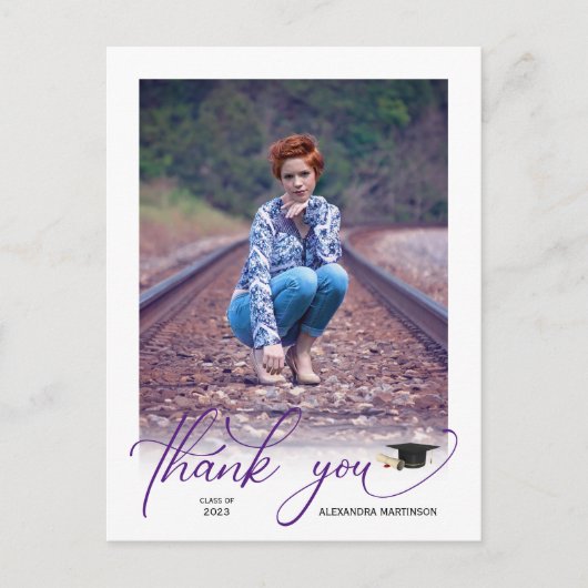 Modern Paarse script PhotoGraduation Bedankt Briefkaart (Voorkant)