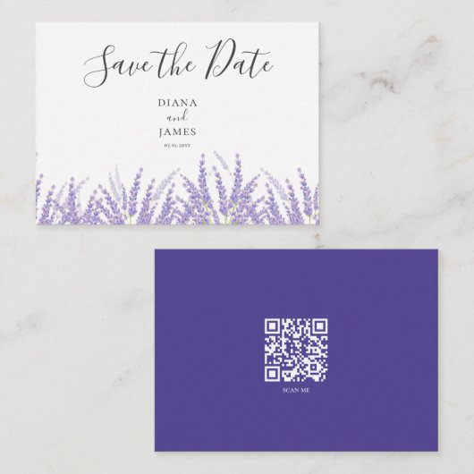 Modern Paarse Script QR-code De datum opslaan Notitiekaartje (Voorkant / Achterkant)