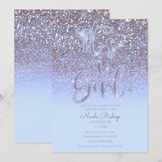 Modern Paarse Silver Glam Glitter Girl Baby shower Kaart (Voorkant / Achterkant)