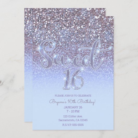 Modern Paarse Silver Glam Glitter Sweet 16 Kaart (Voorkant / Achterkant)