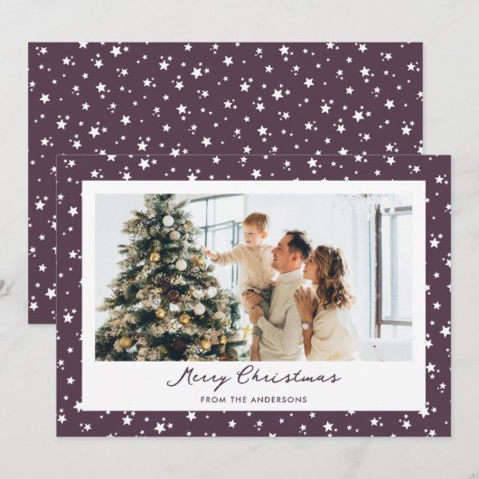 Modern Paarse sterren Fotoliefkerst Feestdagenkaart (Voorkant / Achterkant)