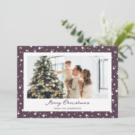 Modern Paarse sterren Fotoliefkerst Feestdagenkaart (Staand voorkant)