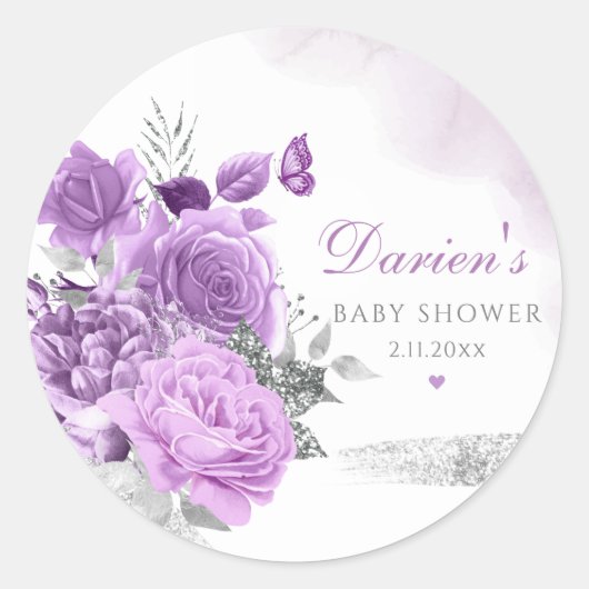 Modern Paarse Waterverf Floral Girl Baby shower Ronde Sticker (Voorkant)