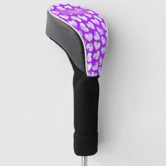 Modern Paarse Witte Doodled Hart Valentijn Naam Golfheadcover (Schuin)