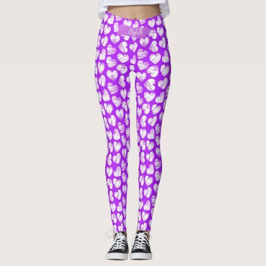 Modern Paarse Witte Doodled Hart Valentijn Naam Leggings (Voorkant)