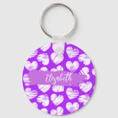 Modern Paarse Witte Doodled Hart Valentijn Naam Sleutelhanger (Voorkant)
