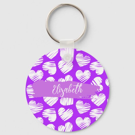 Modern Paarse Witte Doodled Hart Valentijn Naam Sleutelhanger (Voorkant)