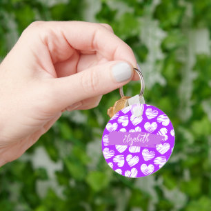 Modern Paarse Witte Doodled Hart Valentijn Naam Sleutelhanger