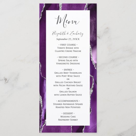 Modern Paarse Zilveren Agate Trouw Menu (Voorkant)