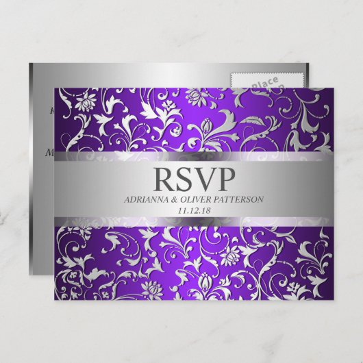 Modern Paarse Zilveren Bloemen Huwelijk RSVP Uitnodiging Briefkaart (Voorkant / Achterkant)