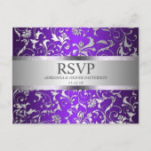 Modern Paarse Zilveren Bloemen Huwelijk RSVP Uitnodiging Briefkaart (Voorkant)