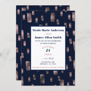 Modern Paint Brush Roos Gold & Navy Blue Wedding Kaart