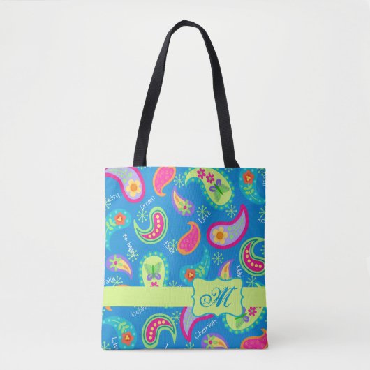 Modern Paisley Blauwgroen Blauw Monogram Aangepast Tote Bag (Voorkant)