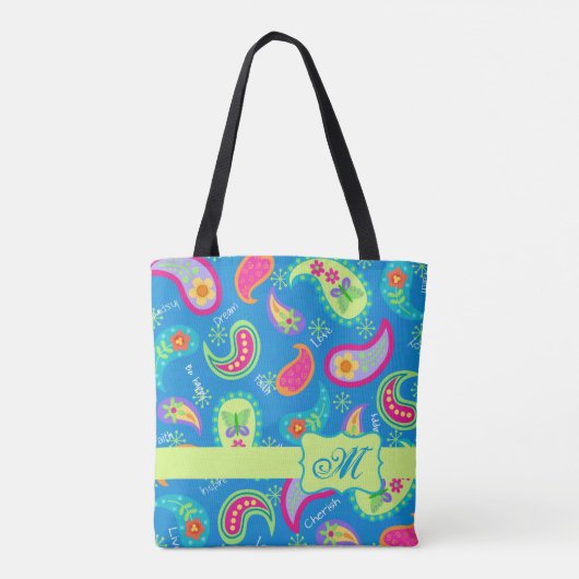 Modern Paisley Blauwgroen Blauw Monogram Aangepast Tote Bag (Achterkant)