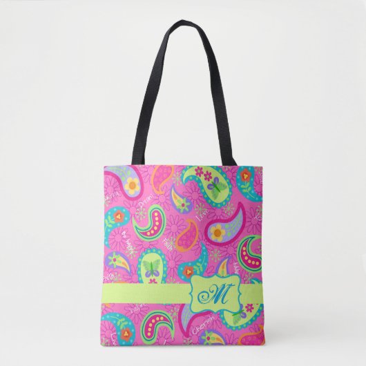 Modern Paisley Bright Roze Monogram op maat Tote Bag (Voorkant)