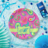 Modern Paisley Hot Pink Monogram op maat Papieren Bordje (Feest)
