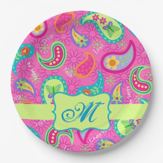 Modern Paisley Hot Pink Monogram op maat Papieren Bordje (Voorkant)