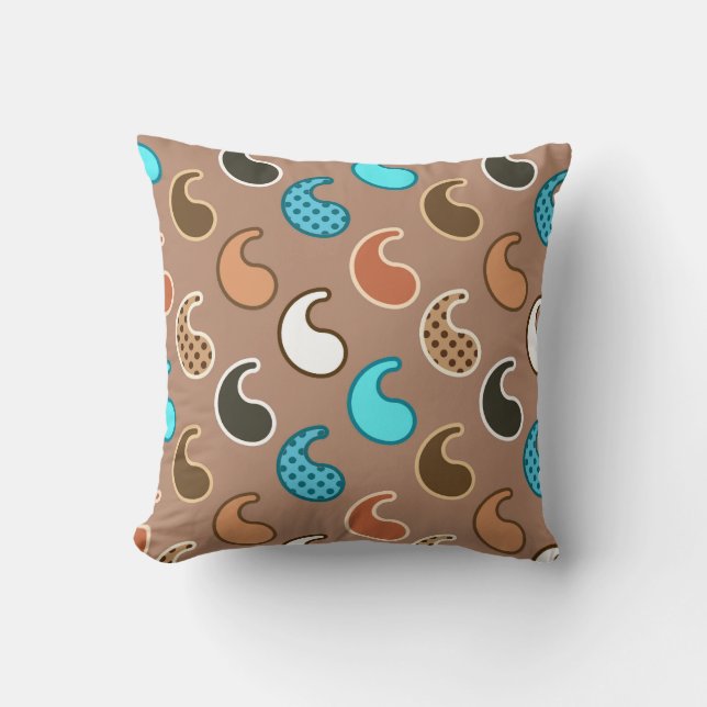 Modern Paisley Patroon, Taupe, Turquoise en Rust Kussen (Voorkant)