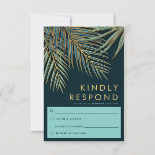 Modern Palm Gold Blauwgroen Tropical Beach Wedding RSVP Kaartje
