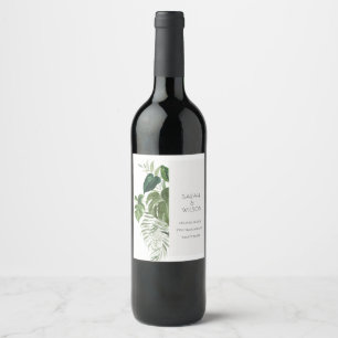 Modern Palm Green Leafy Tropical Foliage Wedding Wijn Etiket