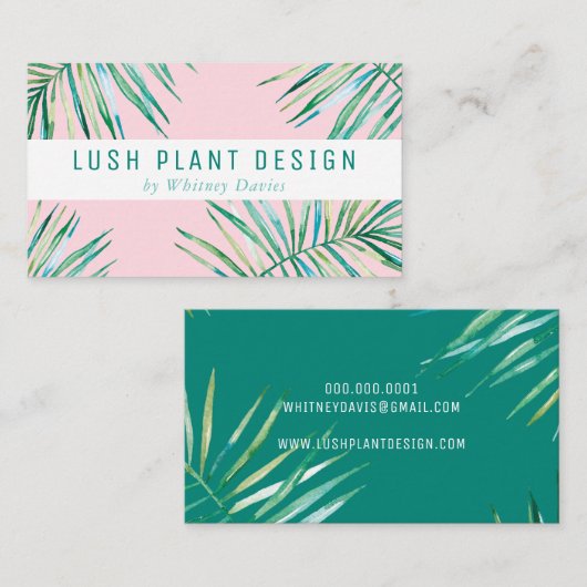 MODERN PALM LEAF LOGO weelderig botanisch groen ro Visitekaartje (Voorkant / Achterkant)