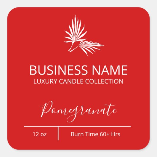 Modern Palm Leaf Pomegranate Red Candle Labels (Voorkant)