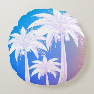 Modern Palm Leaf Waterverf Kleurrijk Blauw Roze Rond Kussen