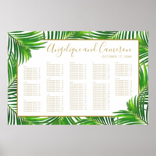 Modern Palm Leaves Beach Wedding Seding Chart Poster (Voorkant)