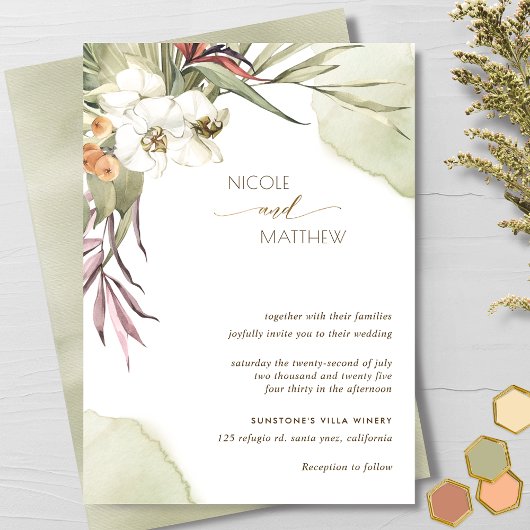 Modern Palm Leaves Olive Bohemian Wedding Kaart