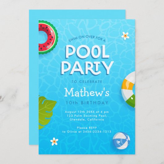 Modern Palm Leaves Summer Pool Party Uitnodiging (Voorkant / Achterkant)