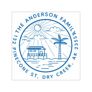 Modern Palm Tree & Sun Round Family Name Address Zelfinktende Stempel