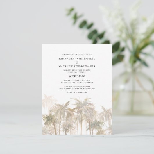 Modern Palm Trees Coastal Waterverf Wedding Kaart (Staand voorkant)
