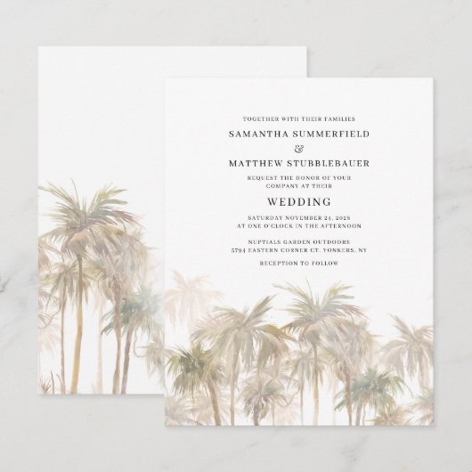 Modern Palm Trees Coastal Waterverf Wedding Kaart (Voorkant / Achterkant)