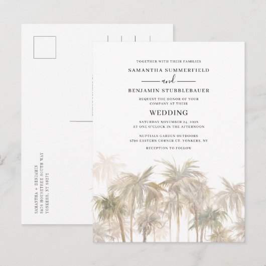 Modern Palm Trees Coastal Wedding Uitnodiging Briefkaart (Voorkant / Achterkant)