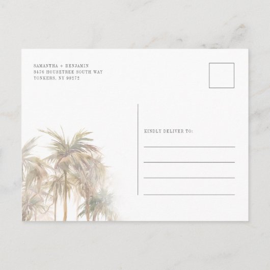 Modern Palm Trees Coastal Wedding Uitnodiging Briefkaart (Achterkant)