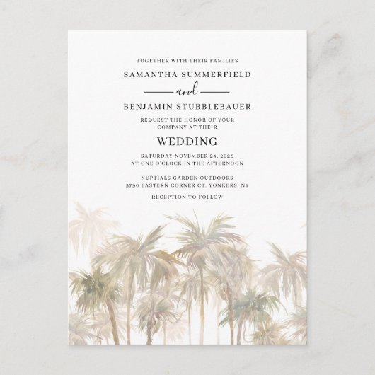 Modern Palm Trees Coastal Wedding Uitnodiging Briefkaart (Voorkant)