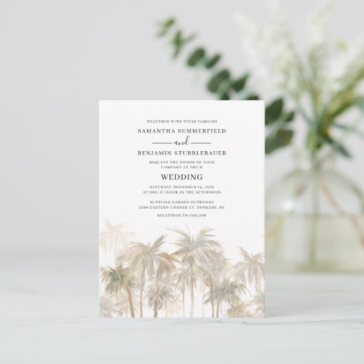 Modern Palm Trees Coastal Wedding Uitnodiging Briefkaart (Staand voorkant)