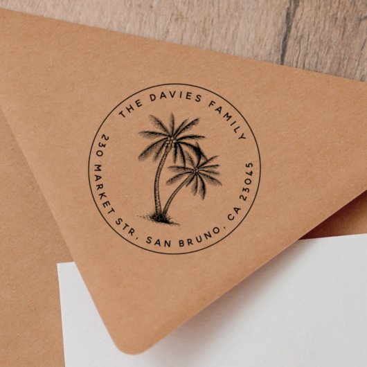 Modern Palm Trees Familienaam Ronde Adres Rubberstempel