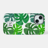 Modern palmbomenblad patroon monogram iPhone 15 case (Achterkant horizontaal)