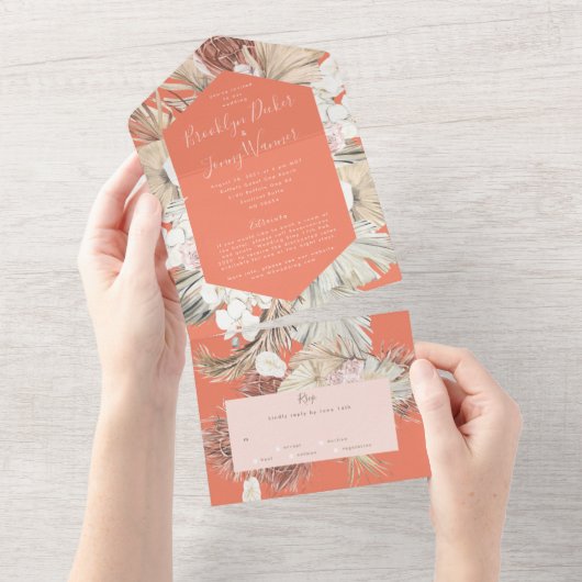Modern Pampas Boho Coral Tropical Cream Wedding All In One Uitnodiging (Afscheurbaar)