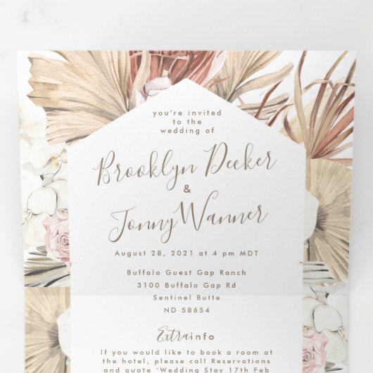 Modern Pampas Boho Desert Wedding Drieluik Uitnodiging (Binnenzijde eerst)
