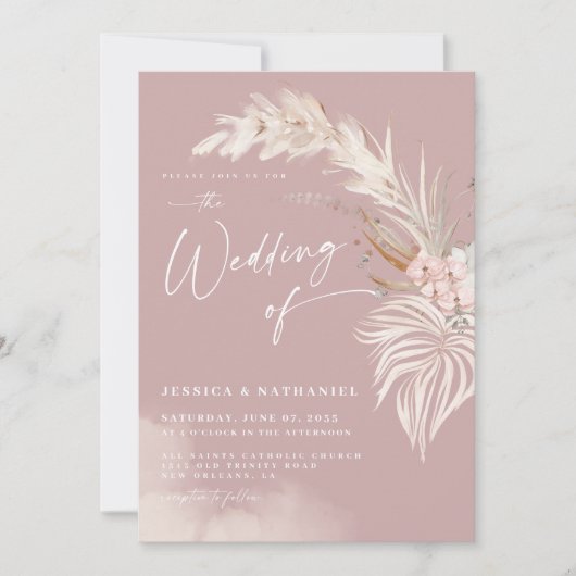 Modern Pampas Grass Blush Roos Floral Boho Wedding Kaart (Voorkant)