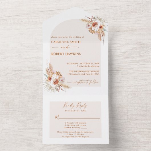 Modern Pampas Grass Bohemian Terracotta All In One Uitnodiging (Binnen)