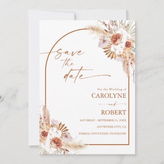 Modern Pampas Grass Boho Terracotta Wedding Save The Date (Voorkant)